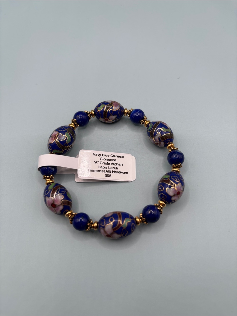 Source Unknown Navy Blue Cloisonné Bracelet with Pink Floral Accents